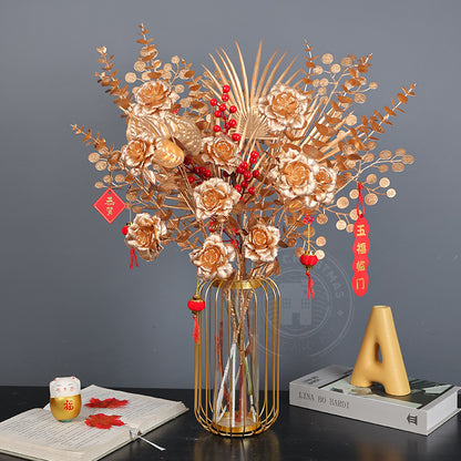 Gold Rose & Foliage Branch Arrangement | New Year Decoration Series | Turtle Back Eucalyptus & Ginkgo Leaf Fake Flower
