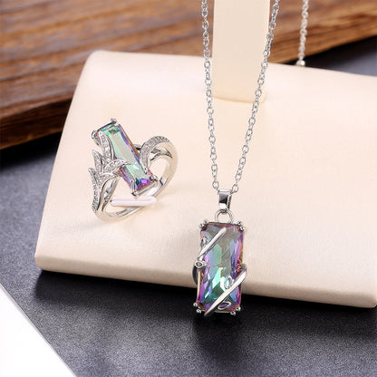 Multicolor Rectangular Gemstone Ring/Necklace Set Fashionable Novel Design Anniversary Party Women Jewelry Set