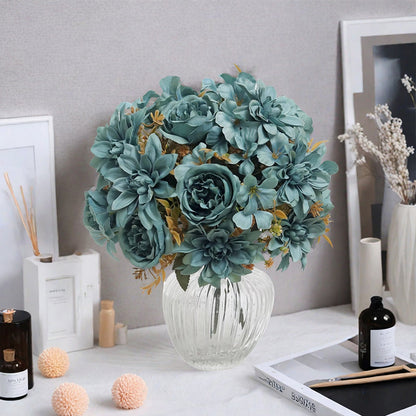 Peony & Dahlia Silk Artificial Flower Bouquet | High Quality Home Wedding Decor | Bride Bouquet Party DIY Gift