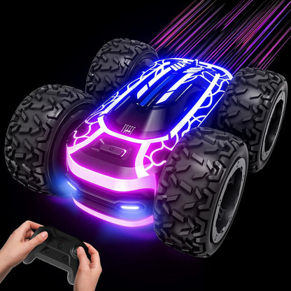 Children's remote control stunt car, 360° rotating double-sided remote control car with light, car toys suitable for boys and girls