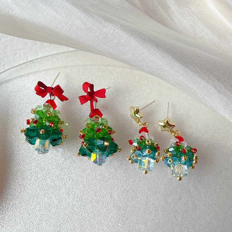 Sweet Exquisite Bowknot Christmas Tree Earrings For Women Green Crystal Xmas Tree Drop Earrings Merry Christmas Jewelry Gifts