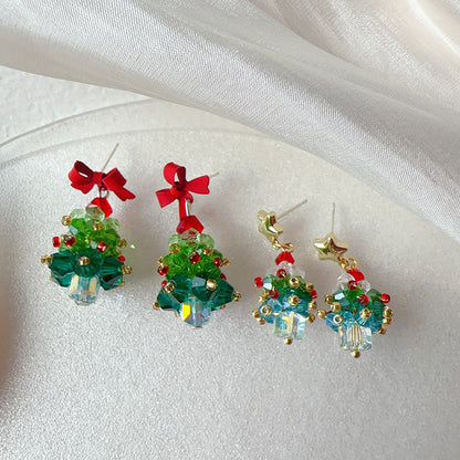 Sweet Exquisite Bowknot Christmas Tree Earrings For Women Green Crystal Xmas Tree Drop Earrings Merry Christmas Jewelry Gifts