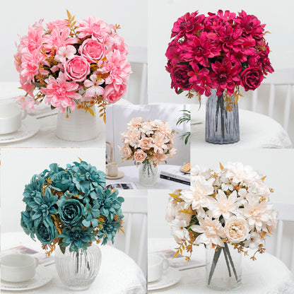 Peony & Dahlia Silk Artificial Flower Bouquet | High Quality Home Wedding Decor | Bride Bouquet Party DIY Gift
