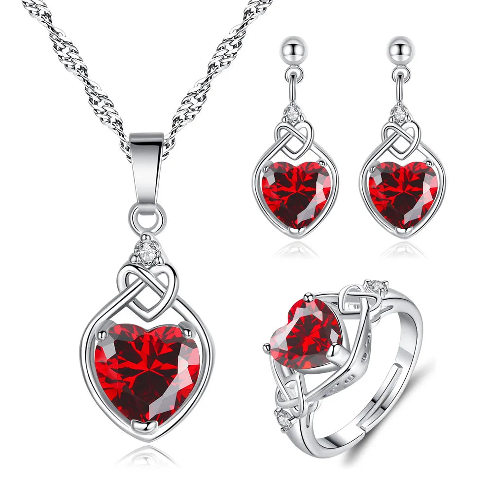 925 Silver Red Heart Zircon Fashion Elegant Women Set Ring Earrings Necklace Luxury Quality Bridal Jewelry