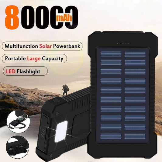 80000mAh Large Capacity Solar Power Bank | Portable with Lanyard | Compass | External Battery for Outdoor Camping | Fast Charging