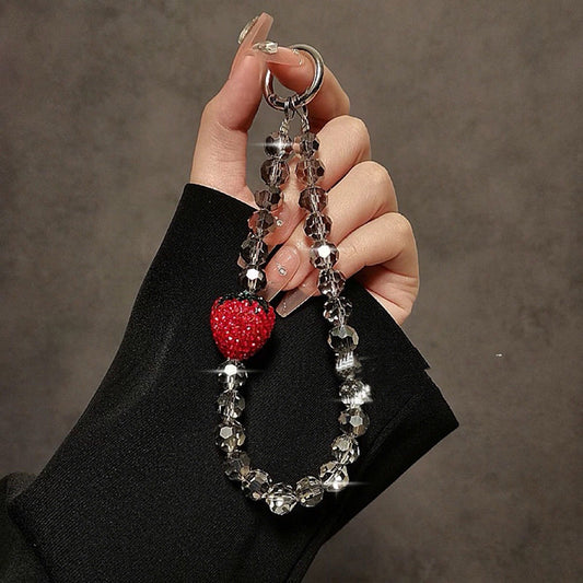 Luxury Rhinestone Strawberry Hand Chain Wrist Short Lanyard with Clip Mobile Phone Case Retro Cute Keychain Pendant Accessories