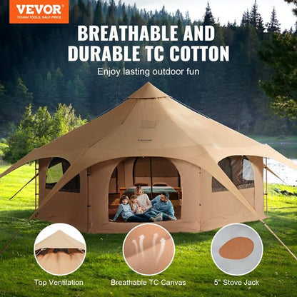 Canvas Tent | 4 Seasons | 5 m/16.4 ft Bell Tent | Camping with Stove Jack | Breathable Yurt Tent | Accommodates up to 8 People