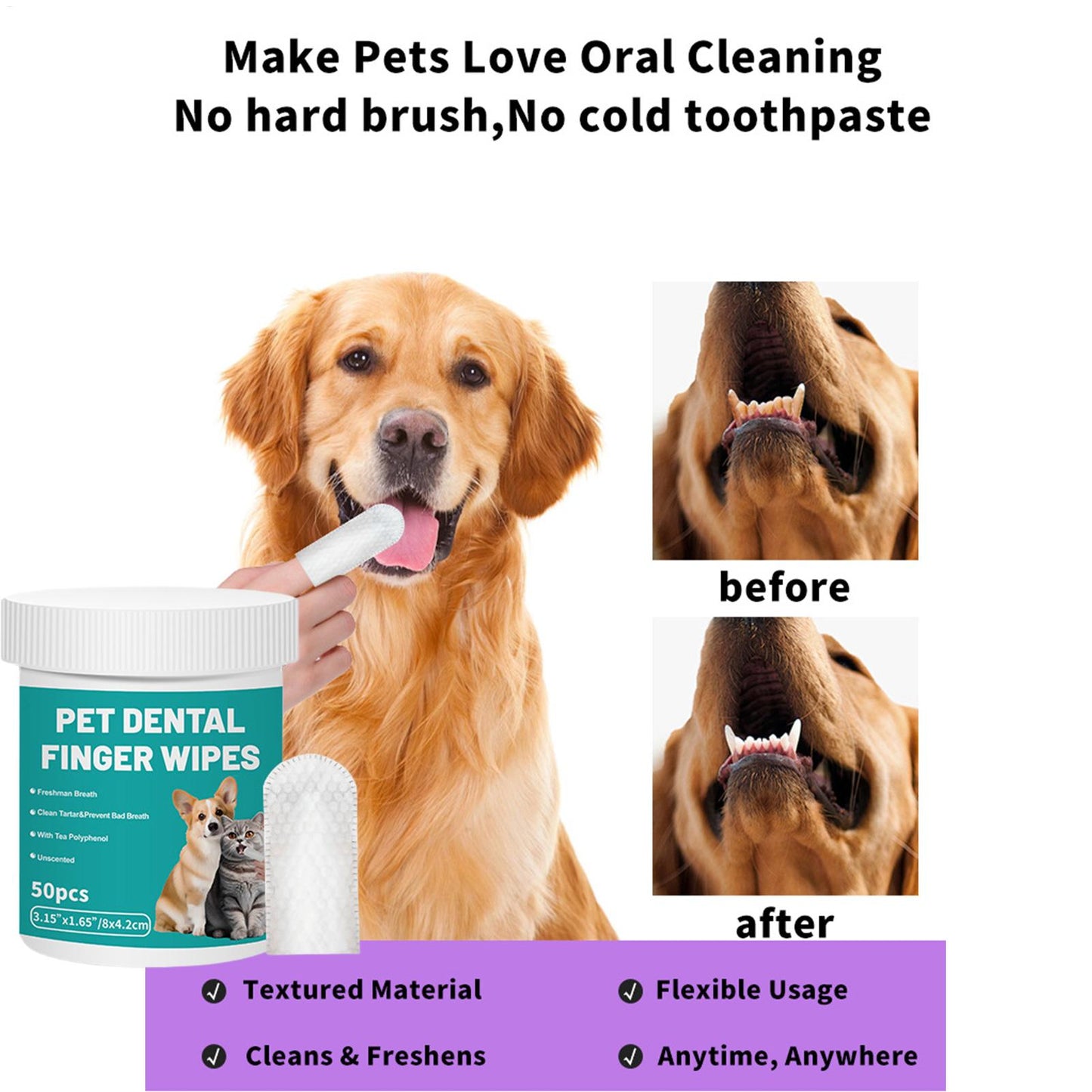50Pcs Pet Teeth Cleaning Wipes | Dental Finger Wipes | Disposable Gentle Teeth Cleaning Pads | Bad Breath Remover | For Dogs And Cats