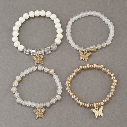 4Pcs Trendy Butterfly Beaded Bracelet Set | Women’s Bohemian Elastic Bangle—Pink Acrylic Jewelry Gift