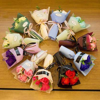 3 Heads Mini Artificial Rose Soap Bouquet | Hand-Held Valentine’s Gift | Gift Box Decor + Bath/Facial Soap