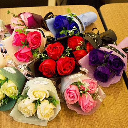 3 Heads Mini Artificial Rose Soap Bouquet | Hand-Held Valentine’s Gift | Gift Box Decor + Bath/Facial Soap