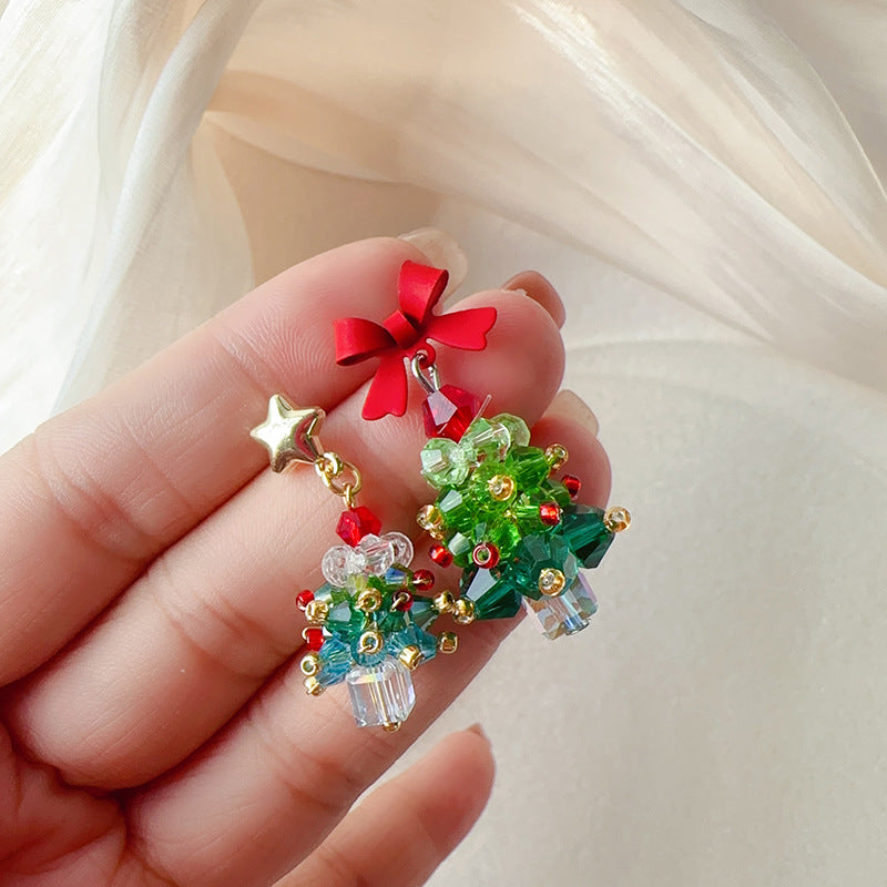 Sweet Exquisite Bowknot Christmas Tree Earrings For Women Green Crystal Xmas Tree Drop Earrings Merry Christmas Jewelry Gifts