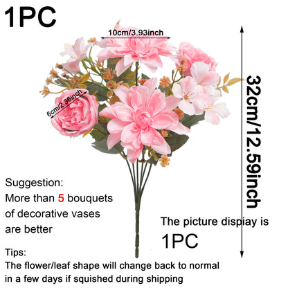 Peony & Dahlia Silk Artificial Flower Bouquet | High Quality Home Wedding Decor | Bride Bouquet Party DIY Gift