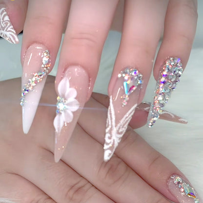 Best - selling Press - on Nail Art Pieces with Flower & Rhinestone Design, Western Y2K Style, Detachable Fake Nails