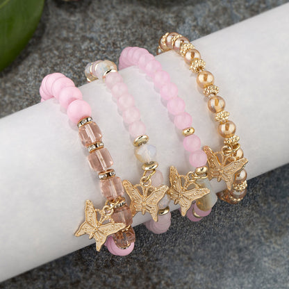 4Pcs Trendy Butterfly Beaded Bracelet Set | Women’s Bohemian Elastic Bangle—Pink Acrylic Jewelry Gift
