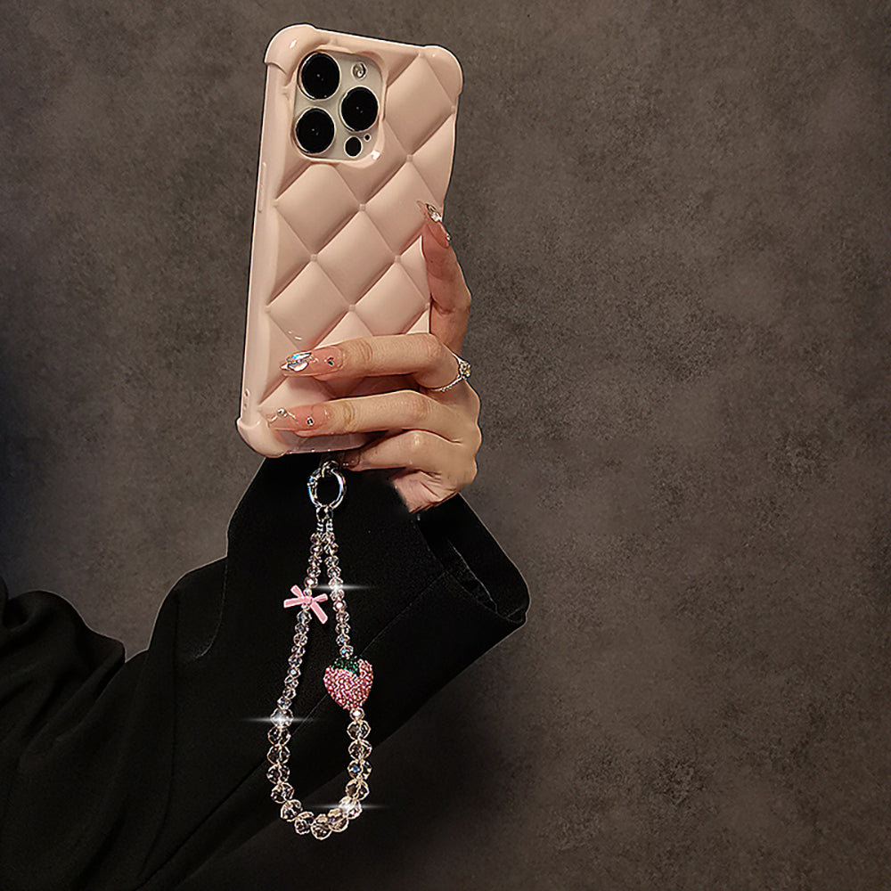 Luxury Bling Pink Strawberry Bow Crystal Pendant Phone Chain For iPhone Jewelry Strap Gift Girl Hanging Decor Keyring Cord Rope