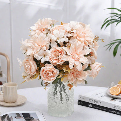 Peony & Dahlia Silk Artificial Flower Bouquet | High Quality Home Wedding Decor | Bride Bouquet Party DIY Gift