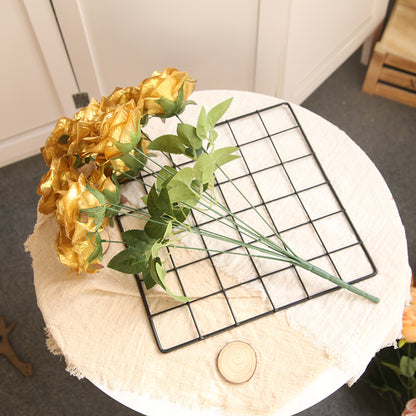 10 Heads Gold-Silver Artificial Silk Roses | DIY Wedding Floral Supplies | Bridal Bouquet & Home Decor Photo Props