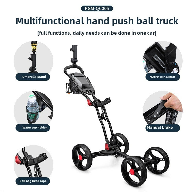 PGM Aluminium Alloy Trolley with Umbrella Holder Bottle Cage Fixing Rope Manual Brake Foldable Golf Bag Cart Four Wheels QC005