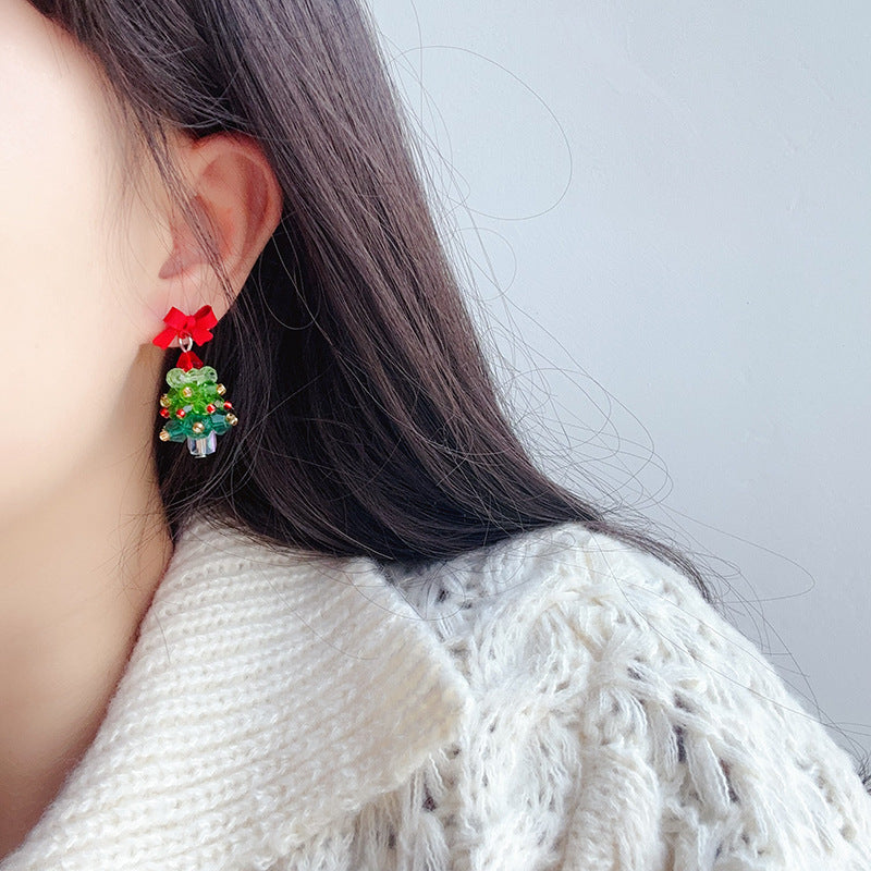 Sweet Exquisite Bowknot Christmas Tree Earrings For Women Green Crystal Xmas Tree Drop Earrings Merry Christmas Jewelry Gifts