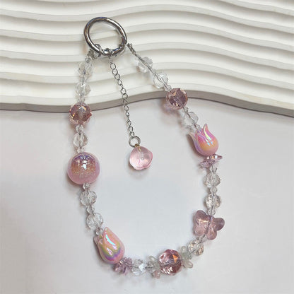 Tulip & Butterfly Crystal Beaded Phone Lanyard Keychain | Anti-Lost Accessory