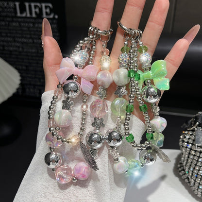 Electroplating Hand-Beaded Mobile Phone Lanyard | Anti-Loss Short Wrist Chain with Bow Pendant Decoration