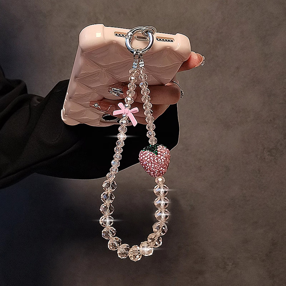 Luxury Bling Pink Strawberry Bow Crystal Pendant Phone Chain For iPhone Jewelry Strap Gift Girl Hanging Decor Keyring Cord Rope