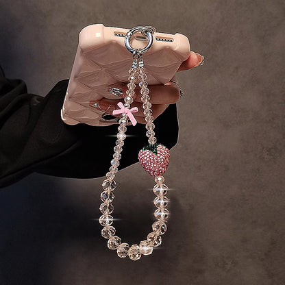 Luxury Bling Pink Strawberry Bow Crystal Pendant Phone Chain | Jewelry Strap & Multi-Purpose Keyring Cord