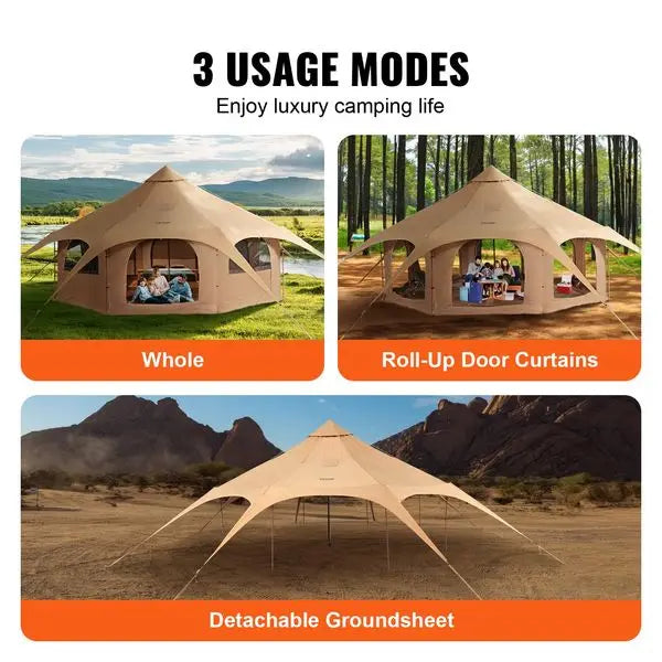 Canvas Tent | 4 Seasons | 5 m/16.4 ft Bell Tent | Camping with Stove Jack | Breathable Yurt Tent | Accommodates up to 8 People