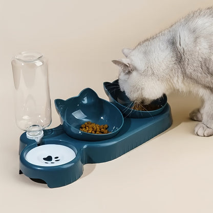 Anti Slip Tilted Cat Bowl With Automatic Water Dispenser | Non Electric Plastic Pet Feeding Accessories