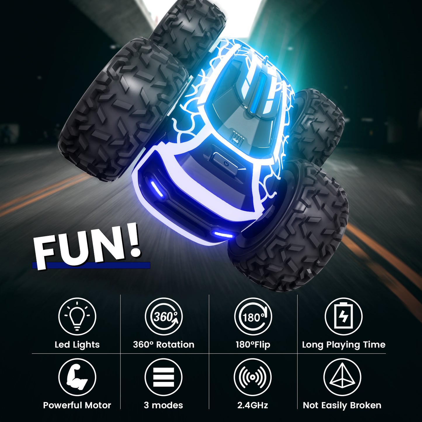 Children's remote control stunt car, 360° rotating double-sided remote control car with light, car toys suitable for boys and girls