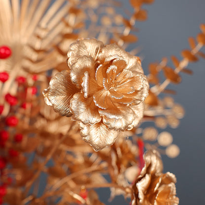 Gold Rose & Foliage Branch Arrangement | New Year Decoration Series | Turtle Back Eucalyptus & Ginkgo Leaf Fake Flower