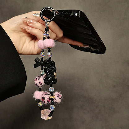 Cartoon Crystal Bear Phone Short Lanyard | Autumn & Winter New Plush Ball Wrist Chain with Luxury Beaded Pendant