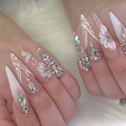 Best - selling Press - on Nail Art Pieces with Flower & Rhinestone Design, Western Y2K Style, Detachable Fake Nails