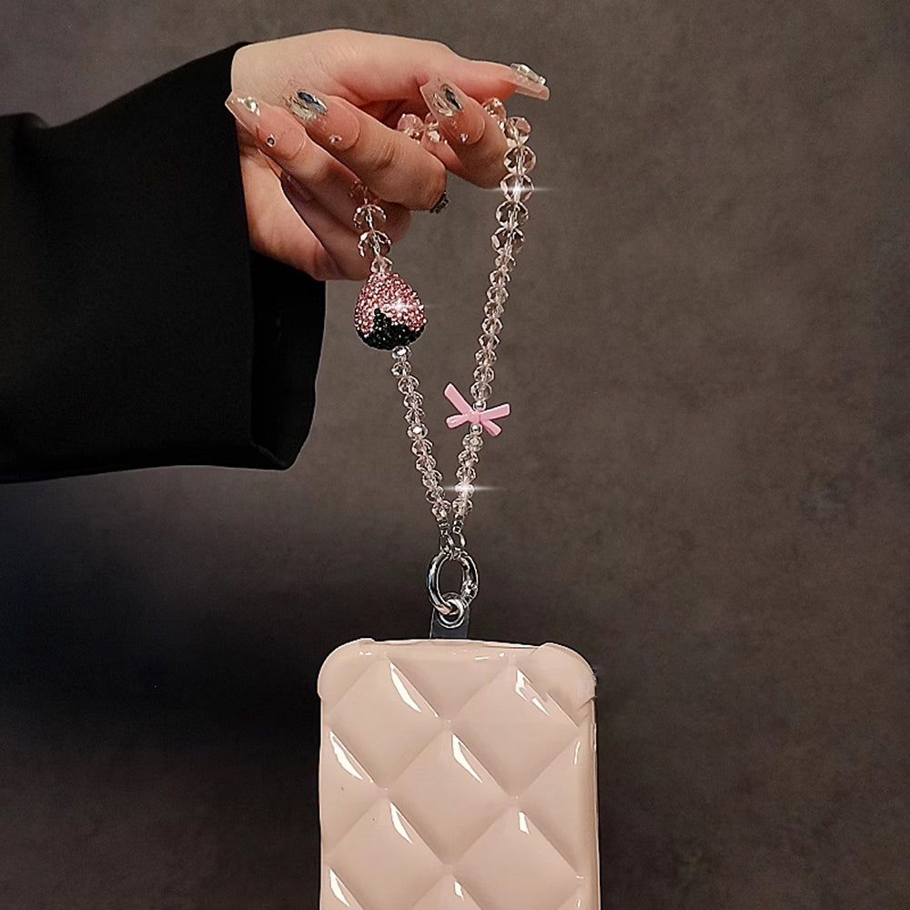 Luxury Bling Pink Strawberry Bow Crystal Pendant Phone Chain For iPhone Jewelry Strap Gift Girl Hanging Decor Keyring Cord Rope