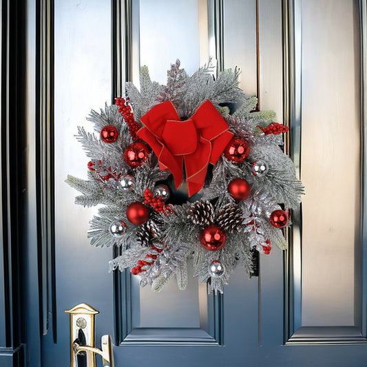 Christmas new snow powder snow frost PE pine needle red ball window bow with Christmas features exquisite rattan wreath door hanging