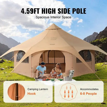 Canvas Tent | 4 Seasons | 5 m/16.4 ft Bell Tent | Camping with Stove Jack | Breathable Yurt Tent | Accommodates up to 8 People