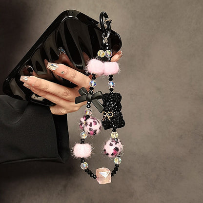 Cartoon Crystal Bear Phone Short Lanyard | Autumn & Winter New Plush Ball Wrist Chain with Luxury Beaded Pendant