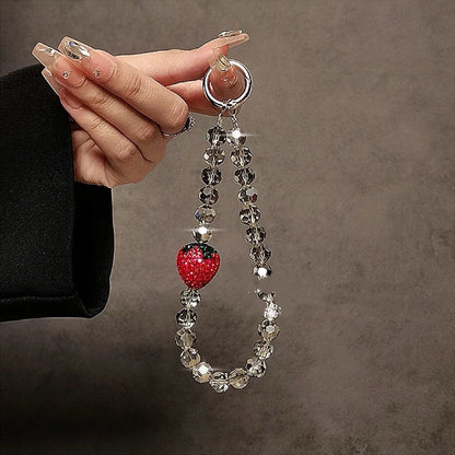 Luxury Rhinestone Strawberry Hand Chain | Retro Cute Wrist Short Lanyard with Clip for Phone Case & Keychain Pendant
