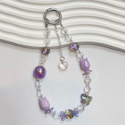 Tulip & Butterfly Crystal Beaded Phone Lanyard Keychain | Anti-Lost Accessory