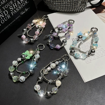 Electroplating Hand-Beaded Mobile Phone Lanyard | Anti-Loss Short Wrist Chain with Bow Pendant Decoration