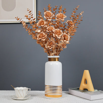 Gold Rose & Foliage Branch Arrangement | New Year Decoration Series | Turtle Back Eucalyptus & Ginkgo Leaf Fake Flower