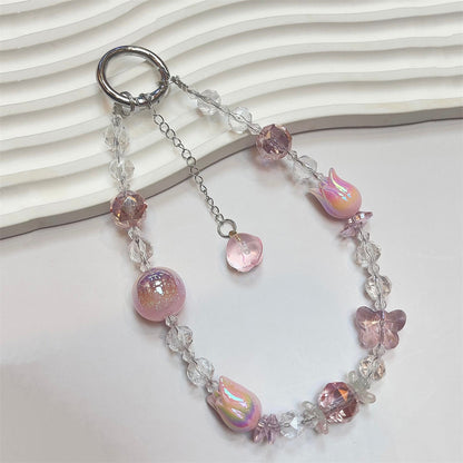 Tulip & Butterfly Crystal Beaded Phone Lanyard Keychain | Anti-Lost Accessory