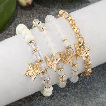 4Pcs Trendy Butterfly Beaded Bracelet Set | Women’s Bohemian Elastic Bangle—Pink Acrylic Jewelry Gift