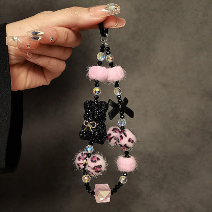 Cartoon Crystal Bear Phone Short Lanyard | Autumn & Winter New Plush Ball Wrist Chain with Luxury Beaded Pendant