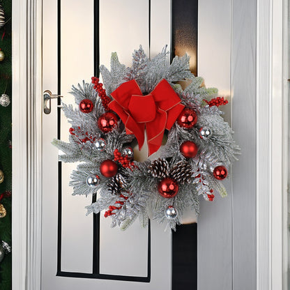 Christmas new snow powder snow frost PE pine needle red ball window bow with Christmas features exquisite rattan wreath door hanging