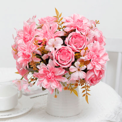 Peony & Dahlia Silk Artificial Flower Bouquet | High Quality Home Wedding Decor | Bride Bouquet Party DIY Gift
