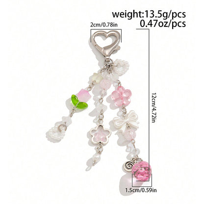 Imitation Pearl Bow Heart Pendant Bag Pendant Pink Strawberry Hollow Flower Tulip Beaded Keychain Accessories