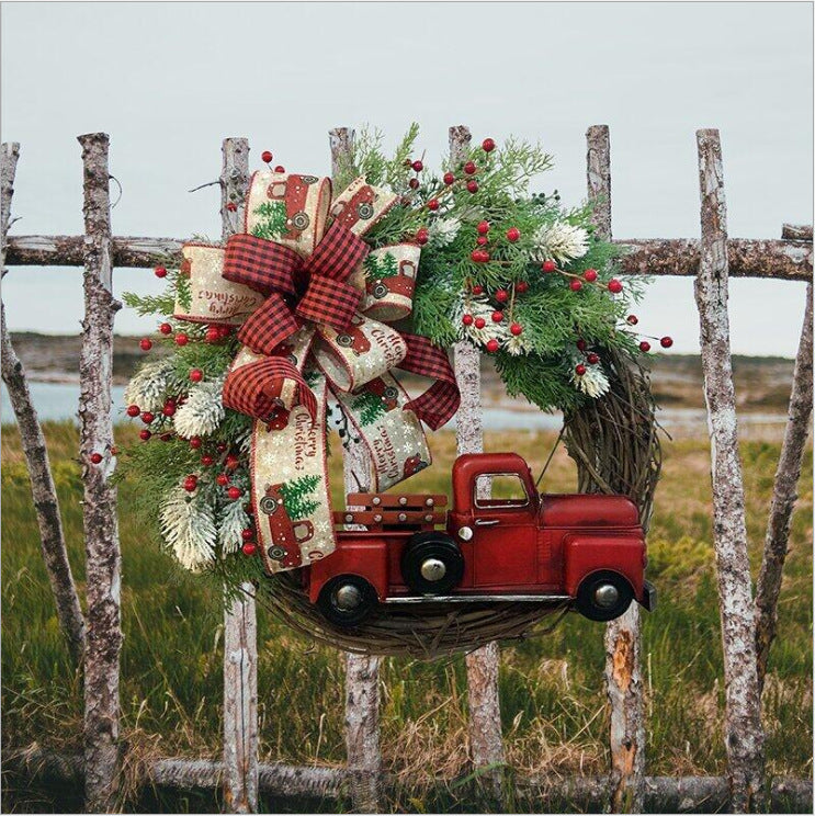 Christmas truck wreath bow pine needles PE pine needles Christmas decorations festive atmosphere creative exquisite door hanging