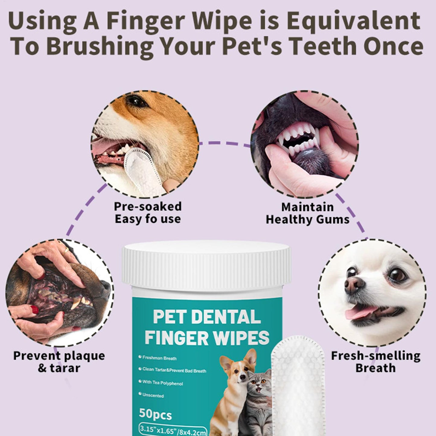 50Pcs Pet Teeth Cleaning Wipes | Dental Finger Wipes | Disposable Gentle Teeth Cleaning Pads | Bad Breath Remover | For Dogs And Cats